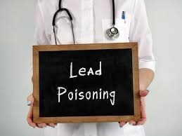 doctor holding a chalkboard that says "Lead Poisoning"